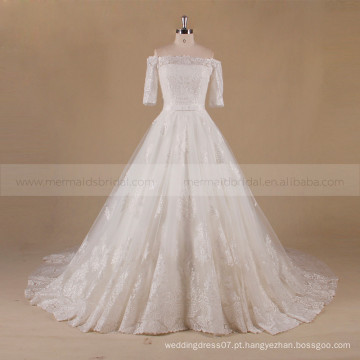 Honorable Off Shoulder 1/2 Sleeve Long Train A-line Lace Wedding Dress